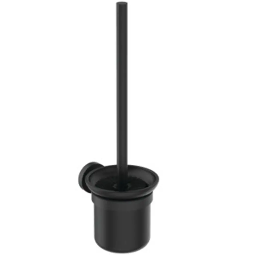Bürstengarnitur aus schwarzem satinierten Glas mit einer Bürste, montiert auf einer Wandhalterung. Ideal Standard Produkt für Badezimmer.